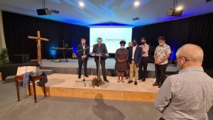 Pastor Victor Owuor and wife Mary being prayed for